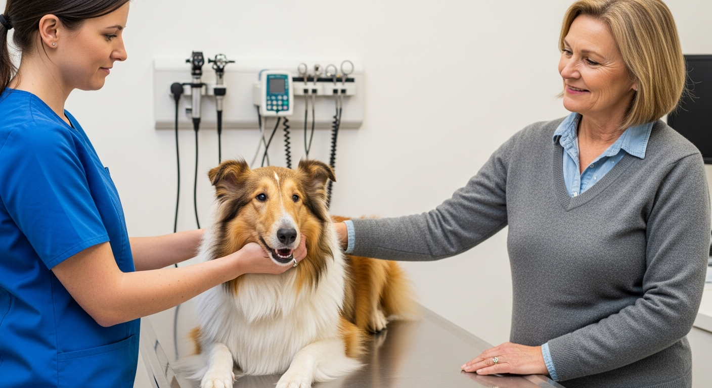 Rescue Collie at a veterinary wellness exam with a calm owner